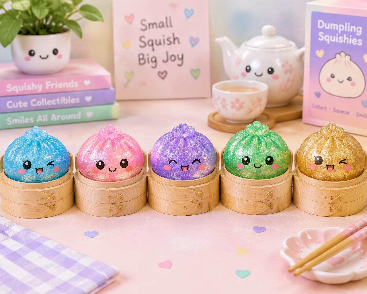 Five colorful squishy dumplings